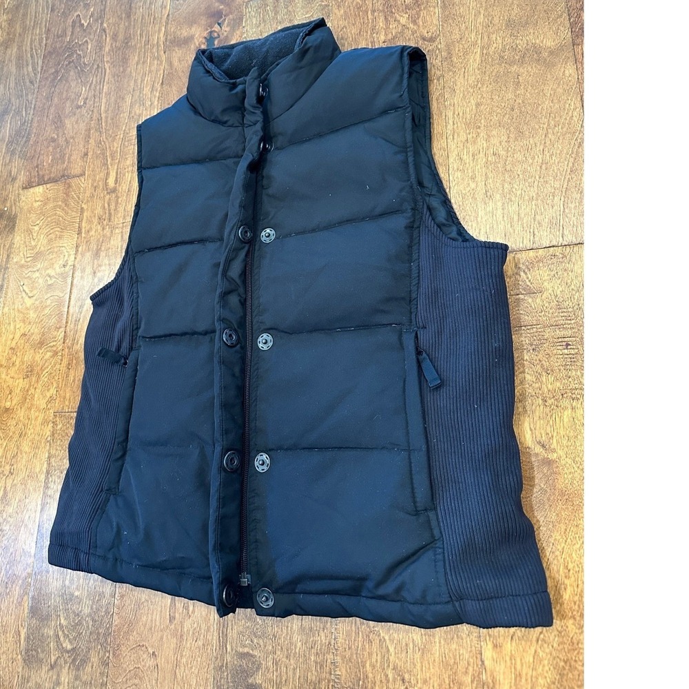 Vintage Gap Puffer Down Vest Large Black Ribbed Side Panels Full Zip Snap Y2K